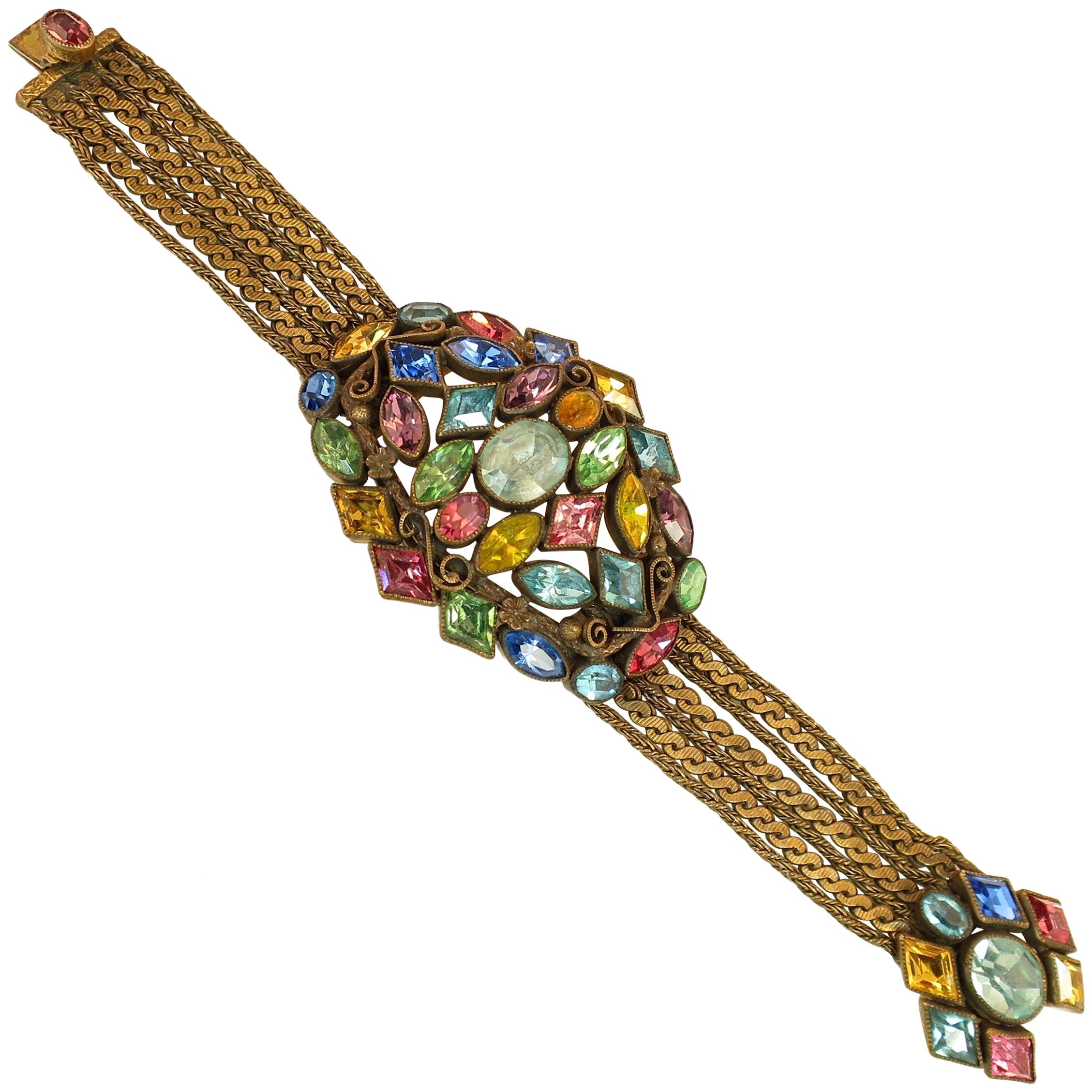 Czech Art Deco Jewel-Tone Bohemian Crystal & Chains Bracelet 1920s im Angebot