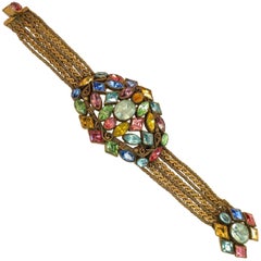 Antique Czech Art Deco Jewel-Tone Bohemian Crystal & Chains Bracelet 1920s