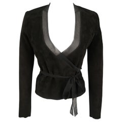 RALPH LAUREN Size 4 Black Suede Silk Trimmed V Neck Wrap Top Jacket