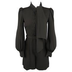 Vintage CO Size XS Black Crepe Puff Sleeve Tied Neck Blouse Romper Jumpsuit