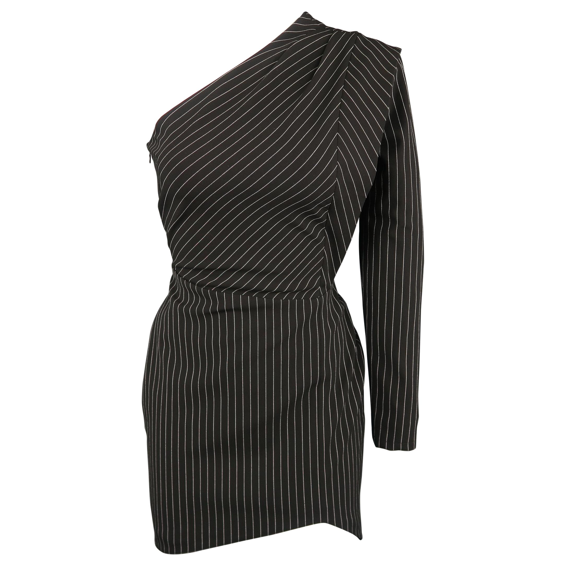 MICHELLE MASON Size 0 Black Pinstripe One Shoulder Asymmetrical Mini Dress