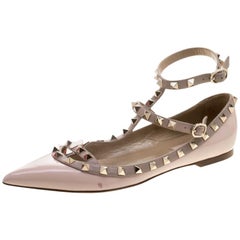 Valentino Blush Pink Patent Leather T Strap Rockstud Pointed Toe Ballet Flats Si