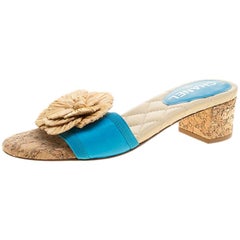 Chanel Blue Leather Cork Heel Camellia Slides Size 36.5