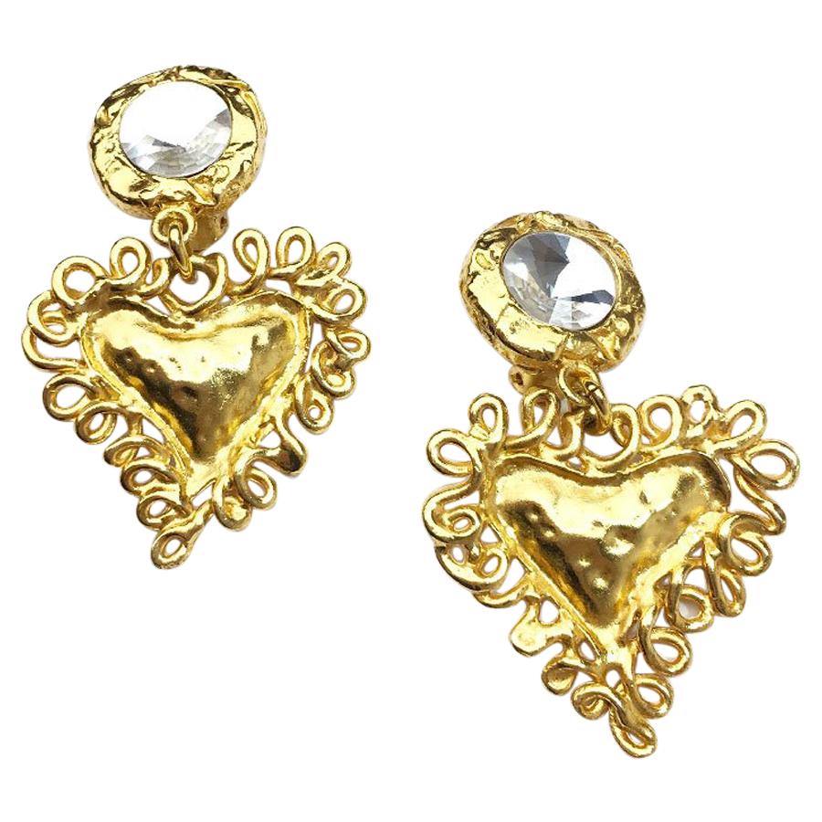 CHRISTIAN LACROIX Vintage Heart Clip-on Earrings in Gilt Metal and Rhinestone