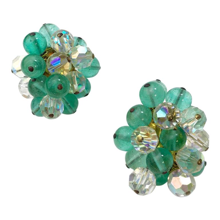 CHANEL Vintage Clip-on Earrings in Green Water and Transparent Molten Glass