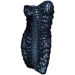 D&G Dolce & Gabbana Sheer Black Lace Strapless Cocktail Dress w Lace Up Details