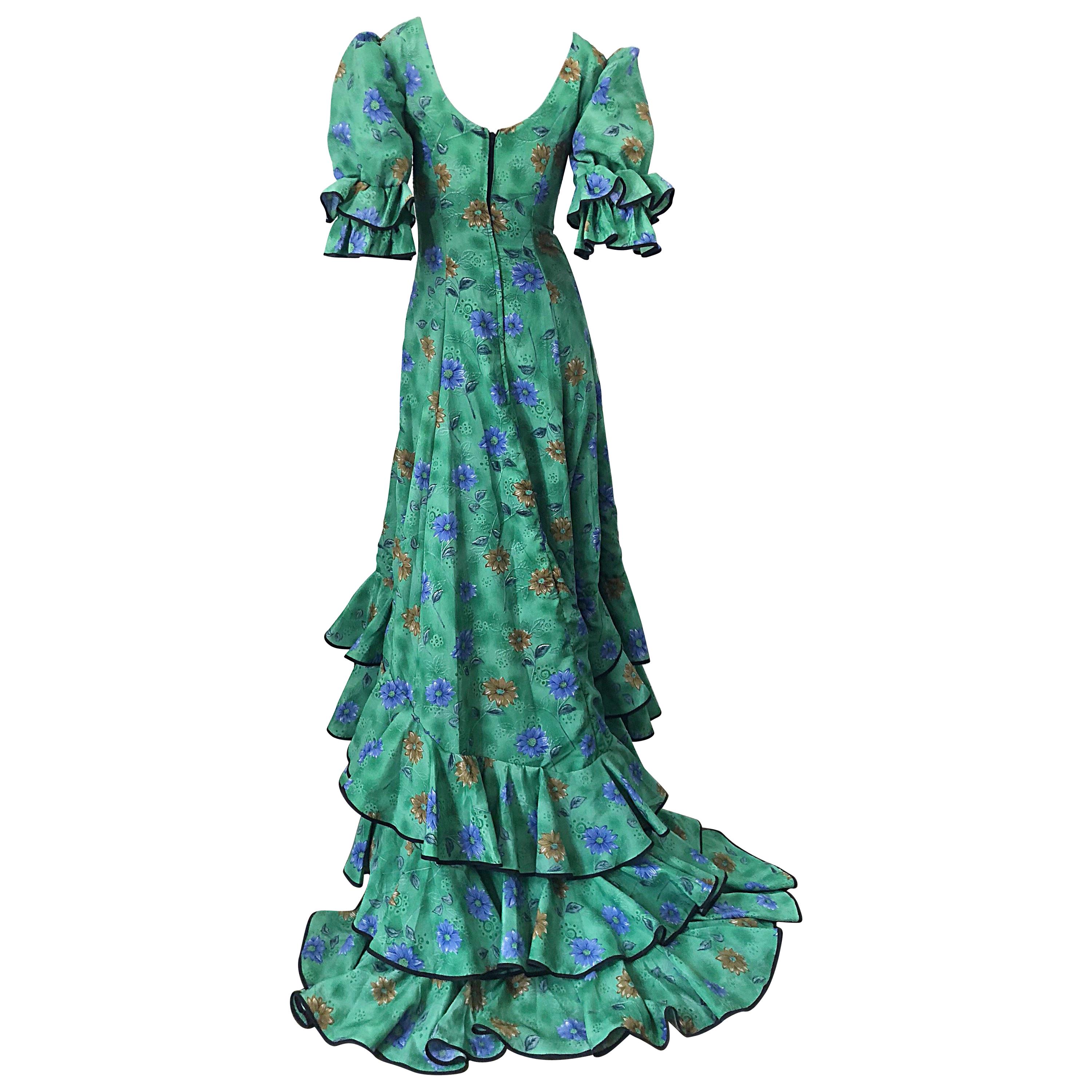 Amazing Vintage Victorian Inspired 1970s Does 1800s Steampunk Green Trained Gown For Sale