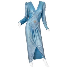 Amazing 1980s Cher Jacque Sky Blue Lurex Rhinestone Vintage 80s Evening Gown