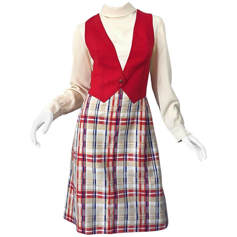 Chic 1960s Pat Sandler Trompe l'Oeil Red White and Blue Vintage 60s A Line Dress For Sale