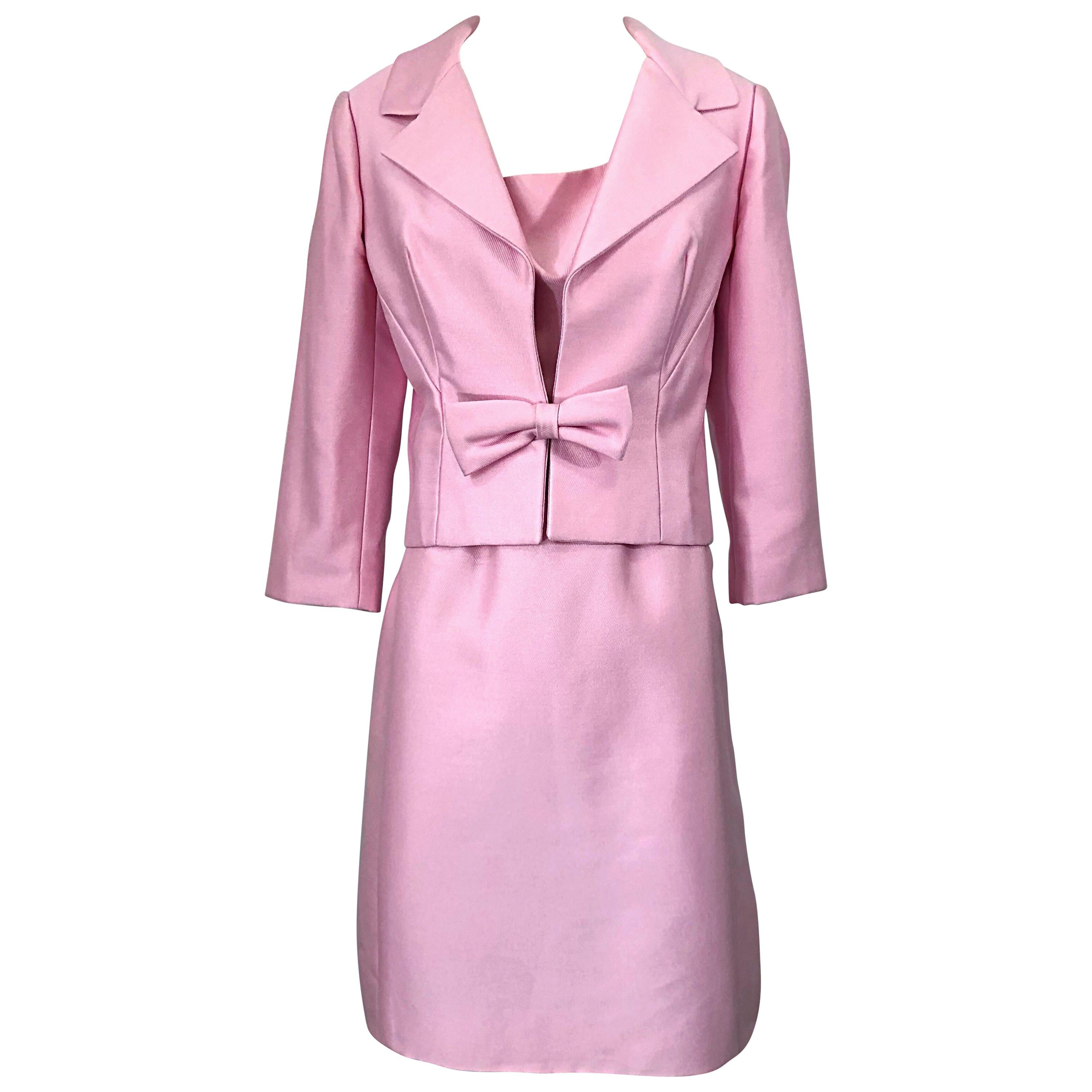 Chic 1960s Pat Sandler Light Pink Vintage 60s Silk Shift Dress and Jacket Suit