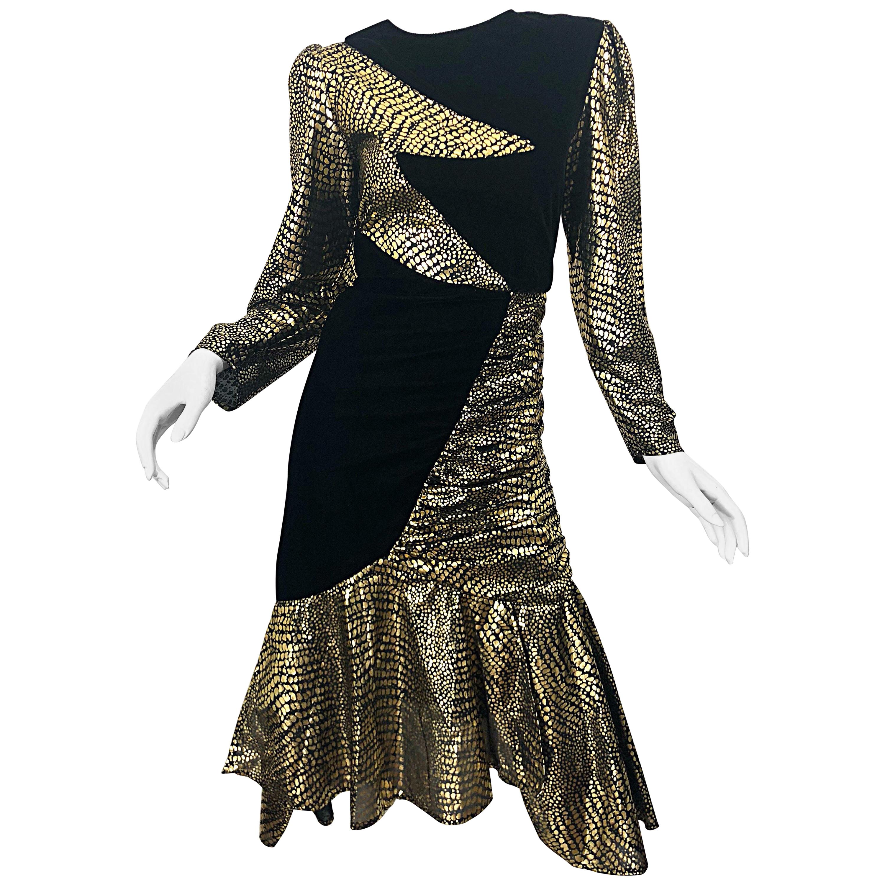 Fabulous 1980s Gold + Black Avant Garde Velvet Lame Long Sleeve 80s Dress