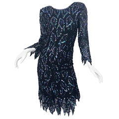 1990s Vintage Black Silk Chiffon Carwash Hem Flapper Iridescent Sequin 90s Dress