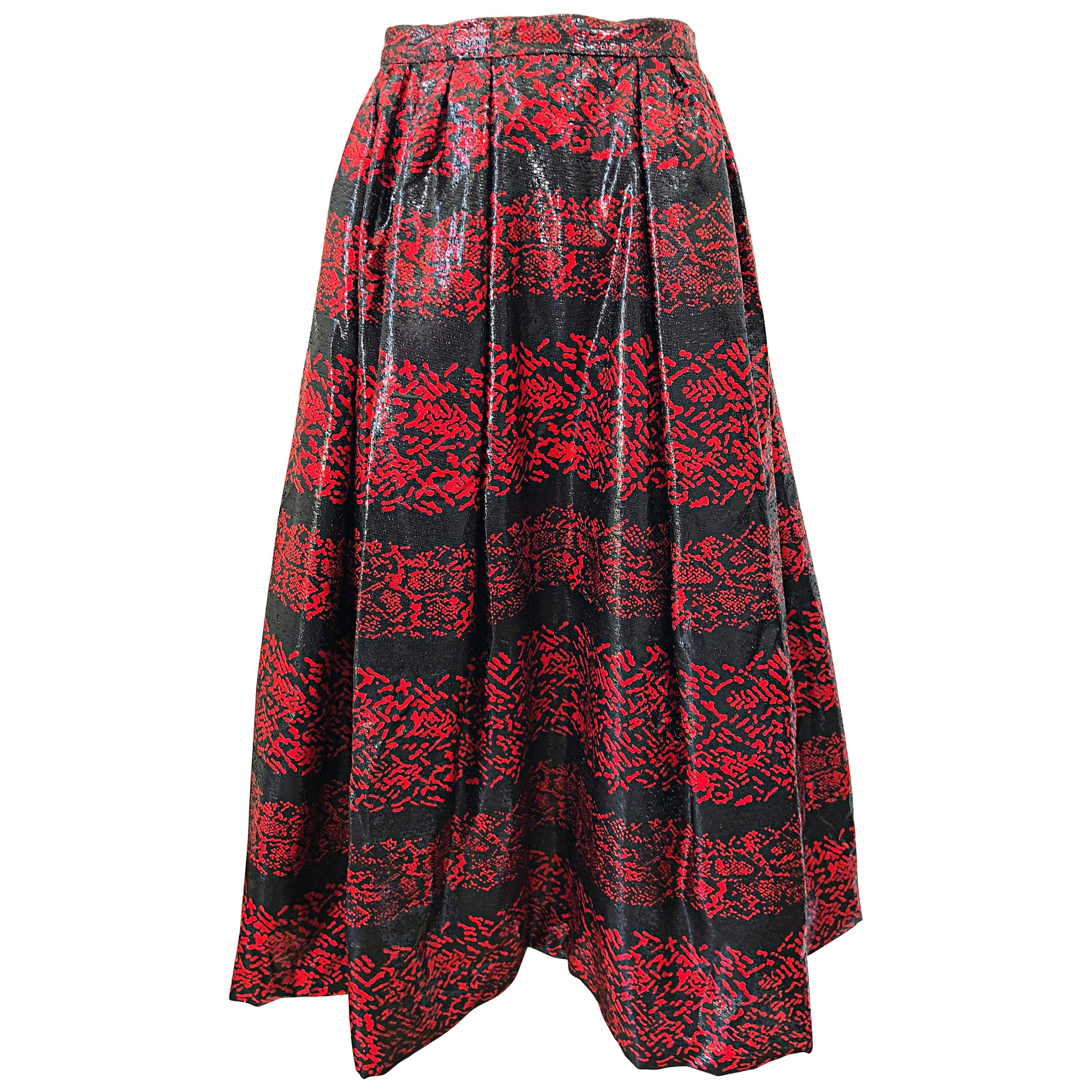 Rare Vintage Tarquin Ebker Couture Red + Black Metallic Threaded Silk Midi Skirt For Sale