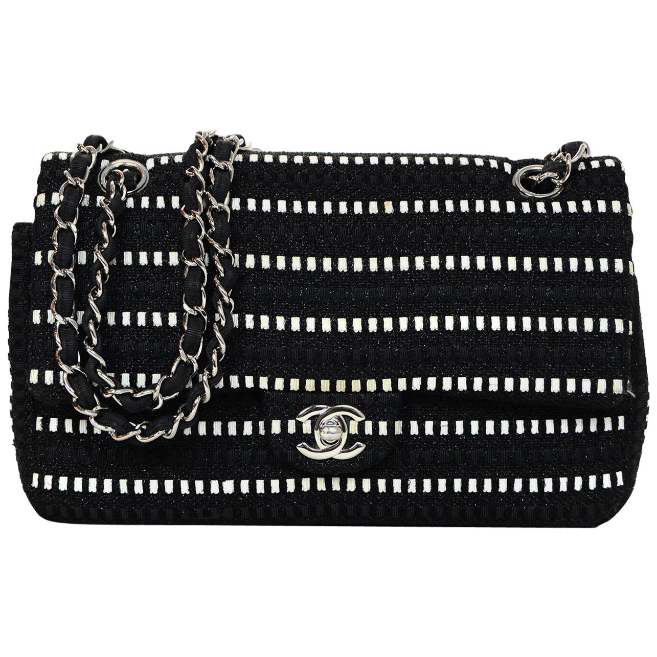 Chanel Black Sparkle/White Tweed Double Flap Bag W/ Silvertone CC Hardware 