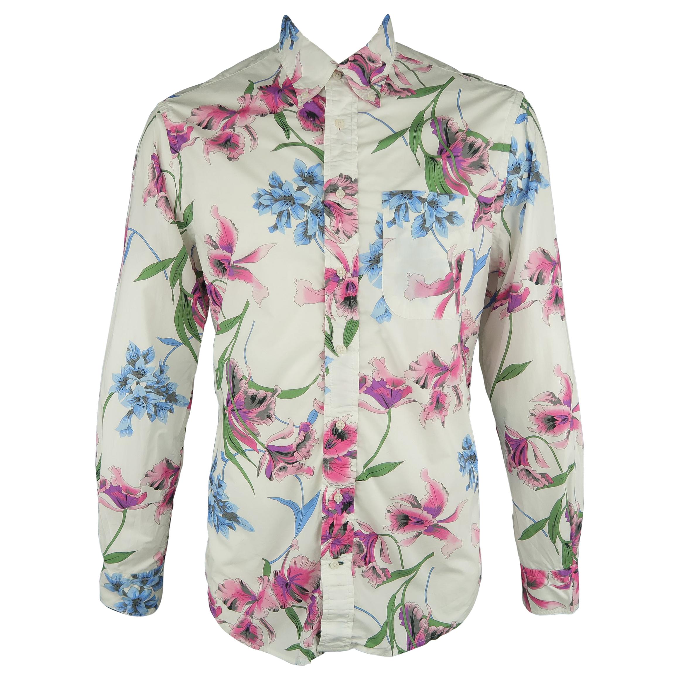 GITMAN VINTAGE Size L White Floral Cotton Long Sleeve Shirt