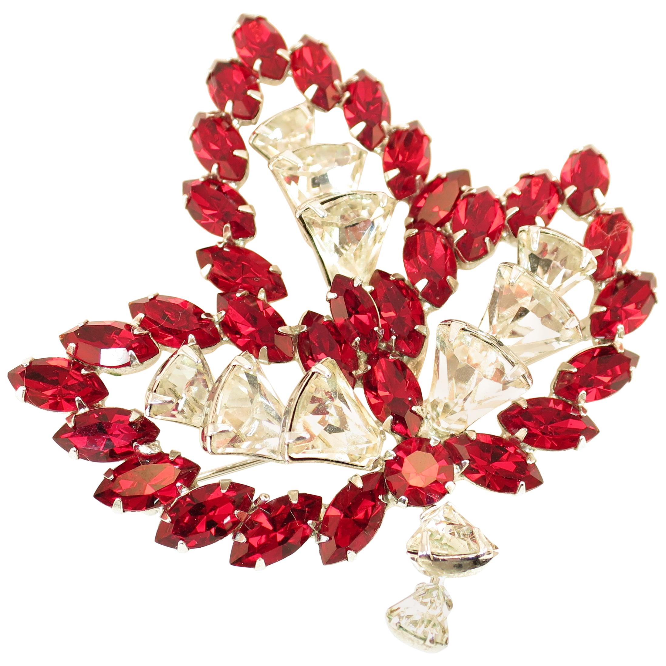 Vendome Ruby Crystal Leaf Brooch 1950s For Sale