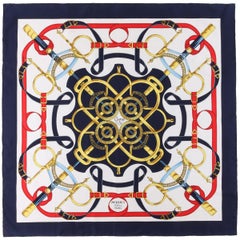 HERMES Henri d'Origny "Eperon D'or" Navy Blue Equestrian Spur Print Silk Scarf