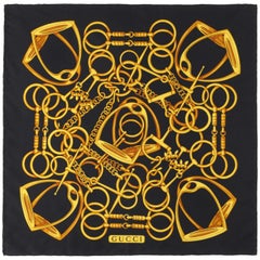 GUCCI Black & Gold Equestrian Horsebit Stirrup Print Silk Scarf / Handkerchief