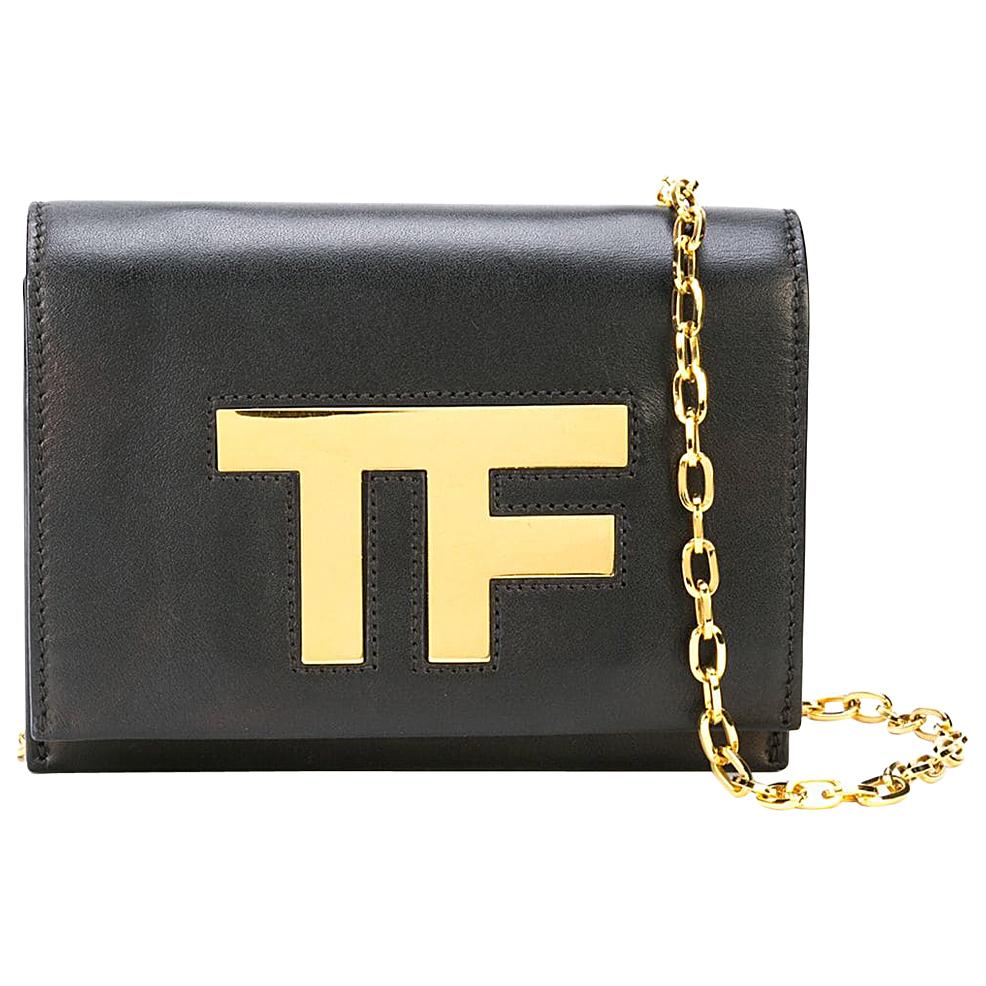 Tom Ford Black Leather "TF" Gold Logo Chain WOC Shoulder Crossbody Flap Bag