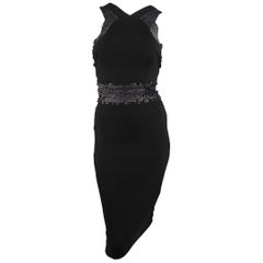 Retro HERVE LEGER Size S Black Bandage Leather Sequin Cutout Cocktail Dress