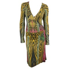 ETRO Size 8 Gold Green & Fuchsia Mixed Print Jersey Long Sleeve Wrap Dress