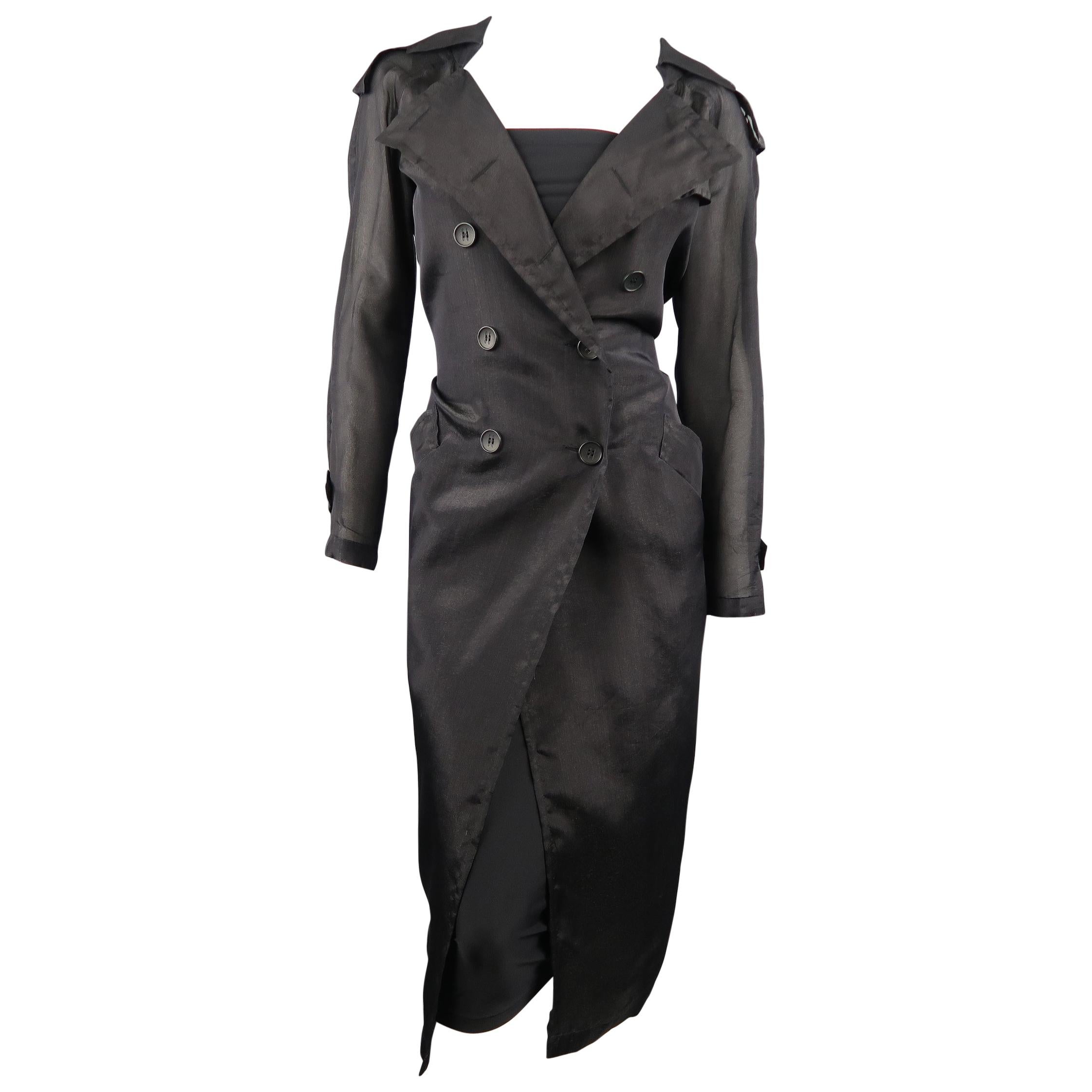 MAX MARA Size 4 Black Silk Blend Organza Double Breasted Trench Coat