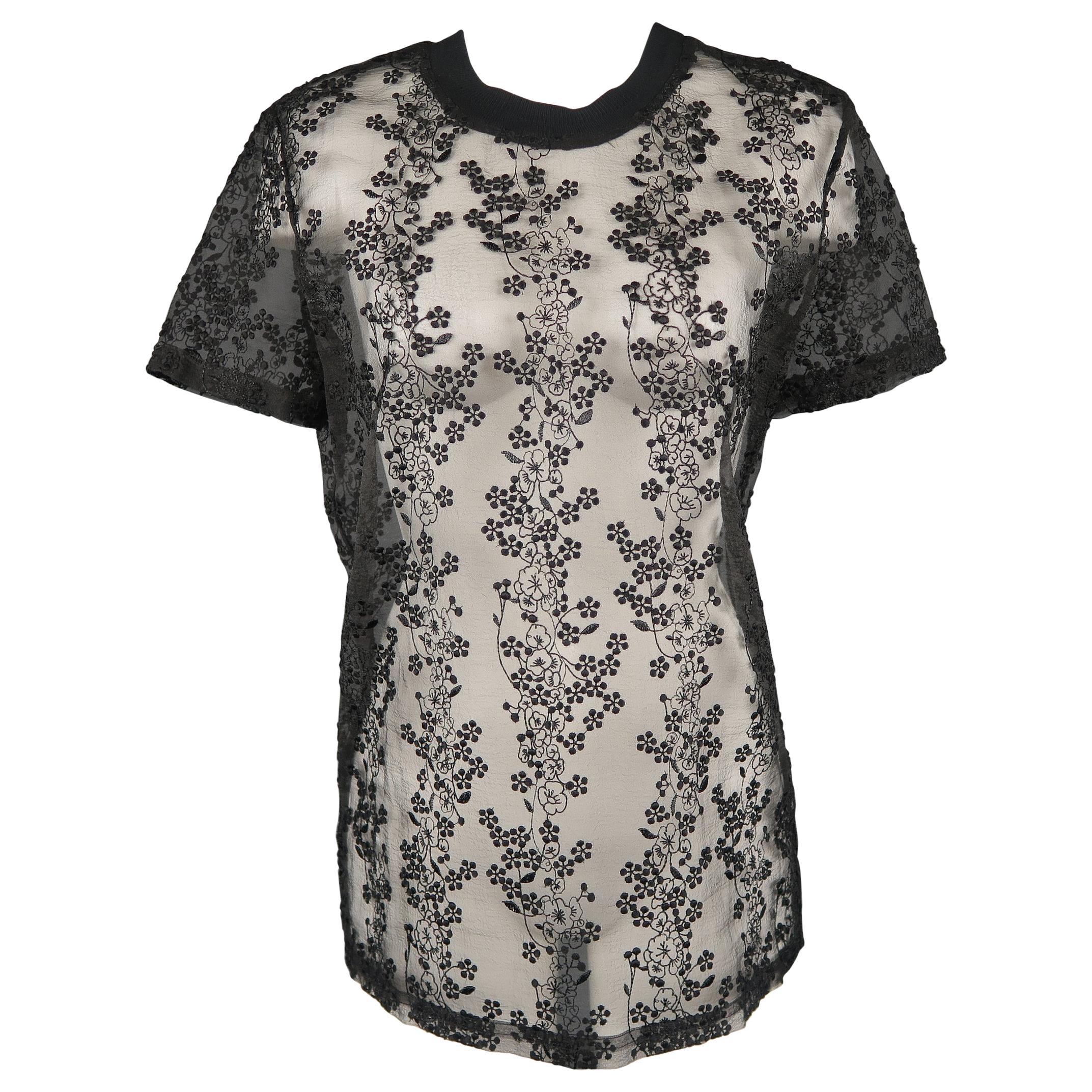 CARVEN Size 2 Black Floral Lace Embroidered Organza T-Shirt Tee Blouse