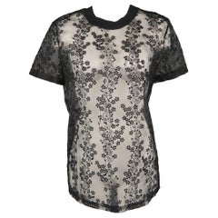 CARVEN Größe 2 Schwarze Organza-T-Shirt-T-Shirt-Bluse mit Blumenspitze und bestickter Spitze