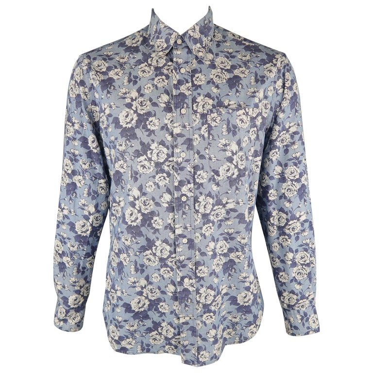 GITMAN VINTAGE Size L Blue Floral Cotton Long Sleeve Shirt at 1stDibs