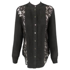 EQUIPMENT Femme Size XS Black Silk & Lace Pleated Bib Band Collar Blouse Shirt