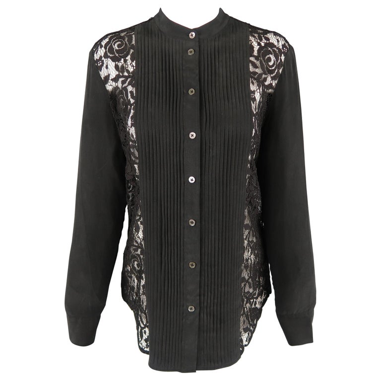 EQUIPMENT Femme Size XS Black Silk and Lace Pleated Bib Band Collar ...