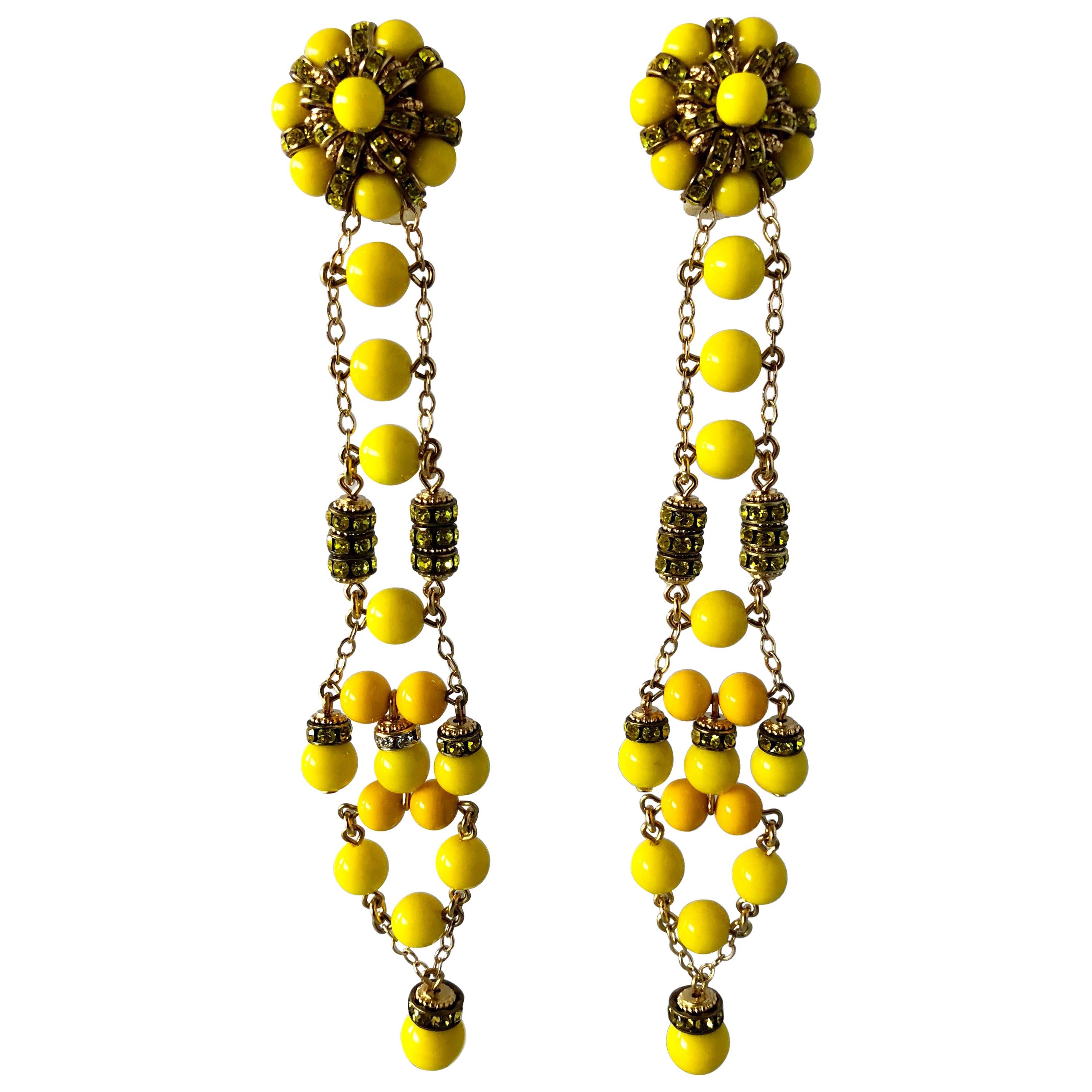 Dramatic French Yellow Shoulder Duster Statement Earrings 