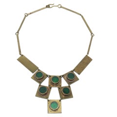 Vintage 1960's Artisan Brass & Emerald Green Glass Modernist Bib Necklace