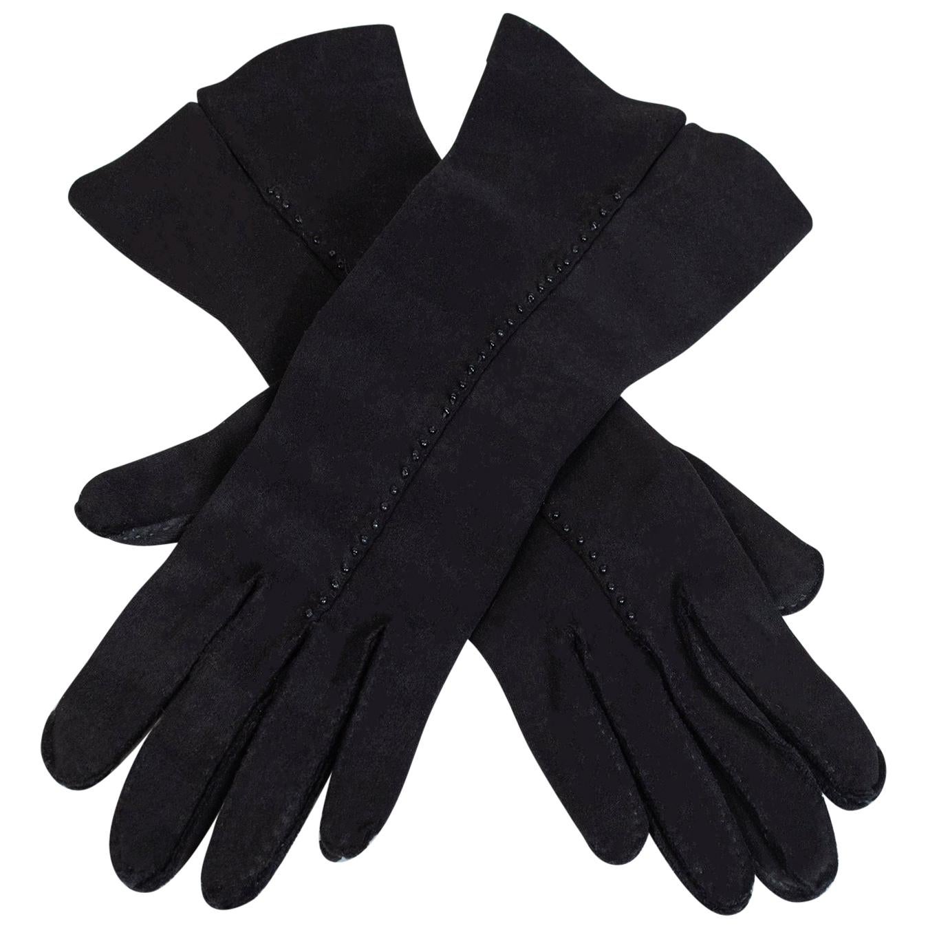 Black Beaded Doeskin Velvet Evening Forearm Gauntlet Gloves - Small, 1950s For Sale