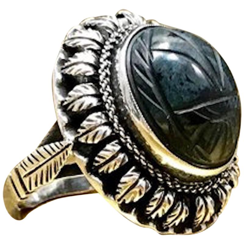Antique 800 Silver Mid Victorian Egyptian Revival Carved Blue Quarts Scarab Ring For Sale
