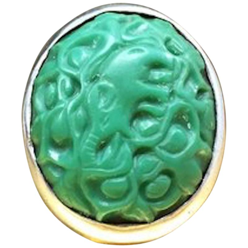 Antique 800 Silver Arts and Crafts 1800s Carved Green Turquoise Cocktail Ring For Sale