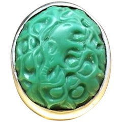 Antique 800 Silver Arts and Crafts 1800s Carved Green Turquoise Cocktail Ring