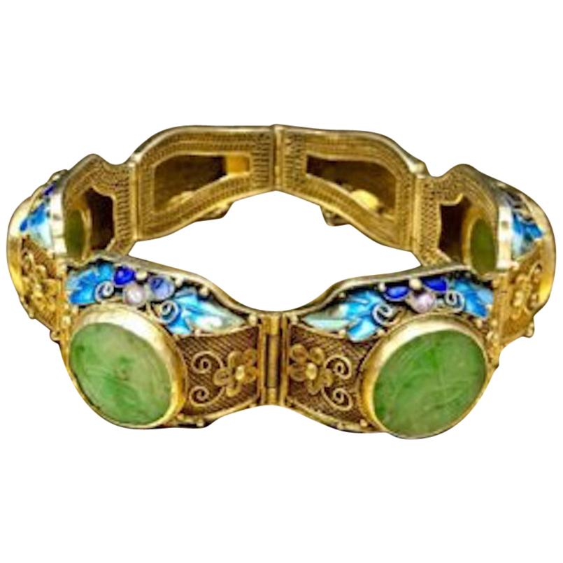 Antique 1900s Art Nouveau Carved Jade Gilded Sterling Chinese Filigree Bracelet For Sale