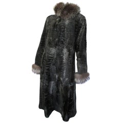 Reversible light weight Broadtail Lamb long fur coat with silver fox fur