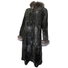 Vintage Reversible light weight Broadtail Lamb long fur coat with silver fox fur 