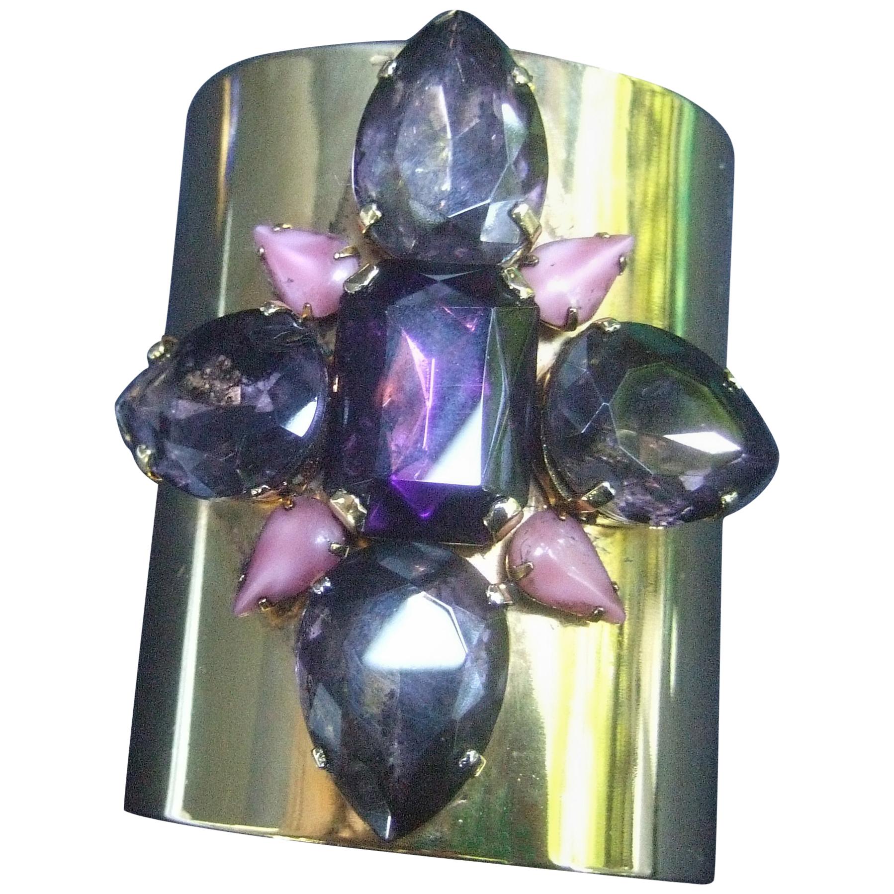 Erickson Beamon Wide Gilt Metal Pastel Crystal Jeweled Cuff Bracelet circa 1990s