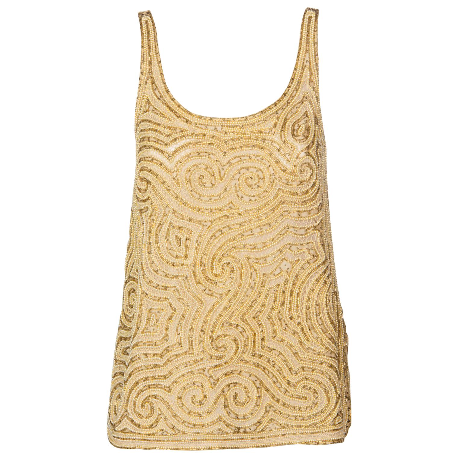 1970s Halston Beaded & Gold Pearl Organza Sleeveless Tunic Top For Sale