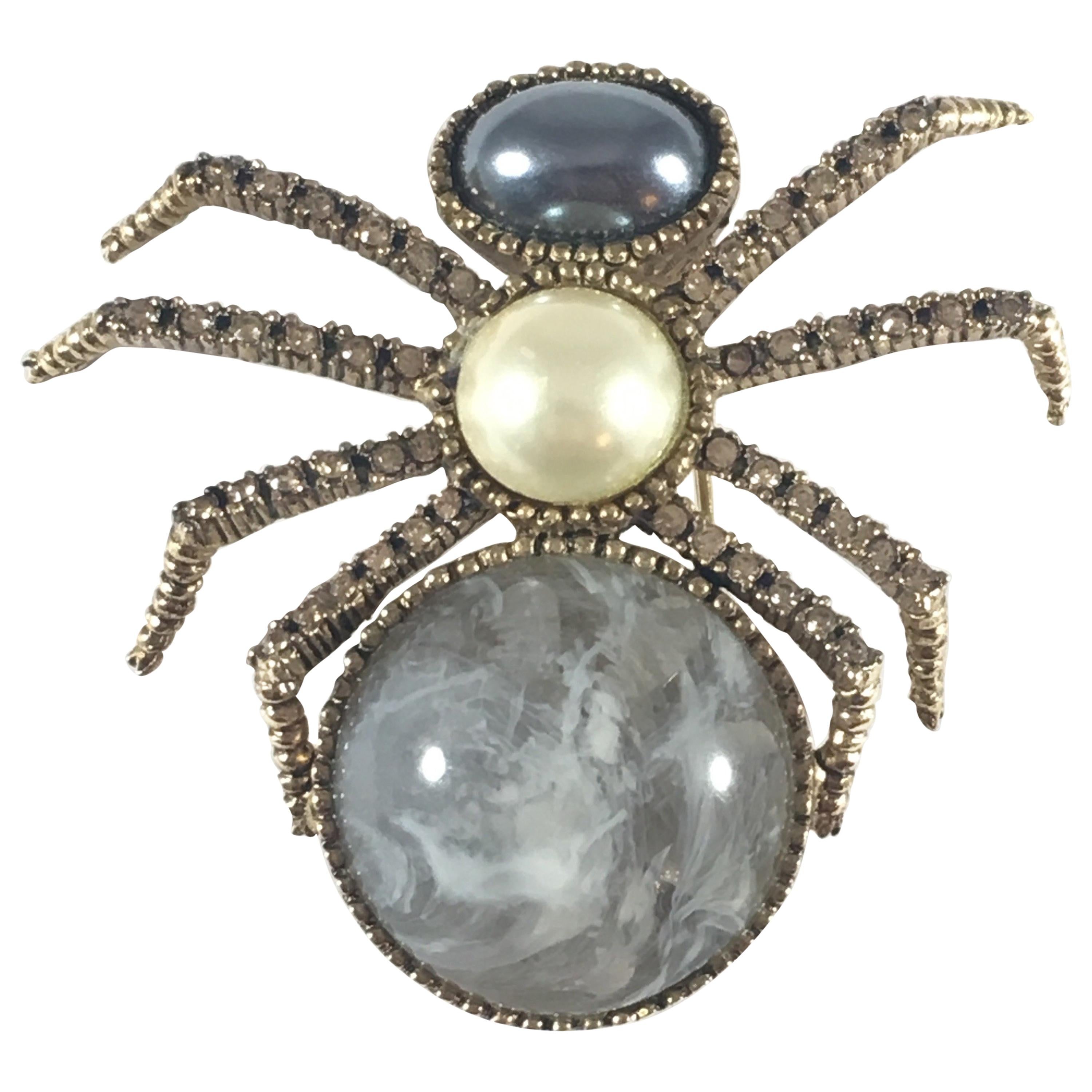 Ciner Spider Faux Pearl and Rhinestone Brooch 1970s