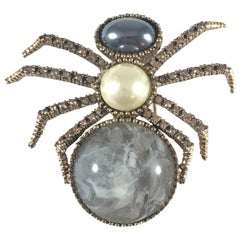 Vintage Ciner Spider Faux Pearl and Rhinestone Brooch 1970s