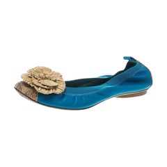 Chanel Turquoise Leather Cork Cap Toe and Raffia Camelia Ballet Flats Size 40.5