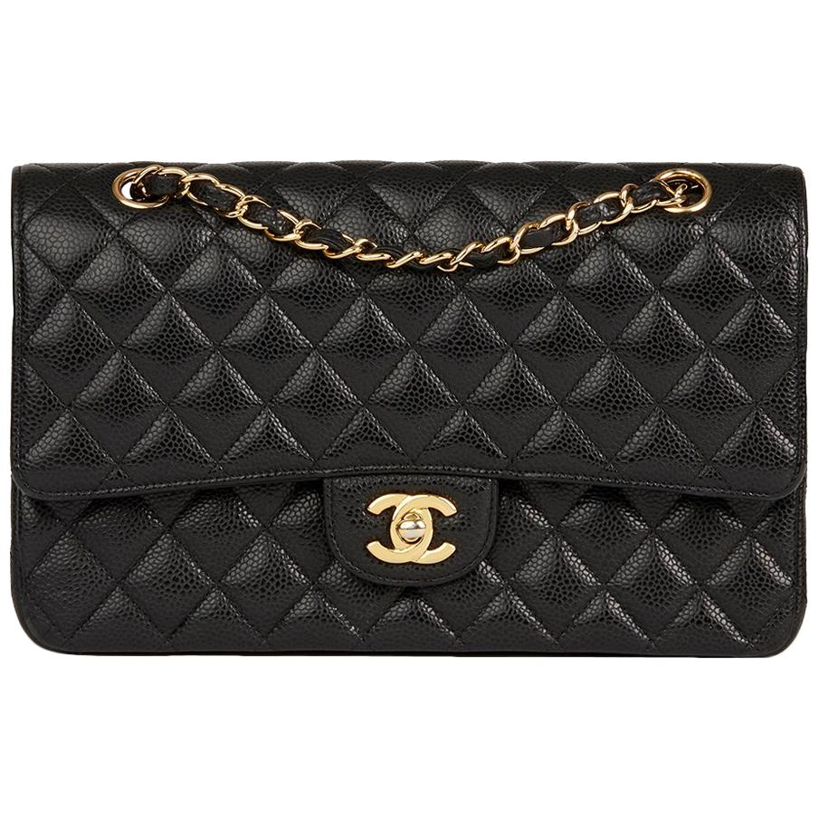 2013 Chanel Black Quilted Caviar Leather Medium Classic Double Flap Bag 