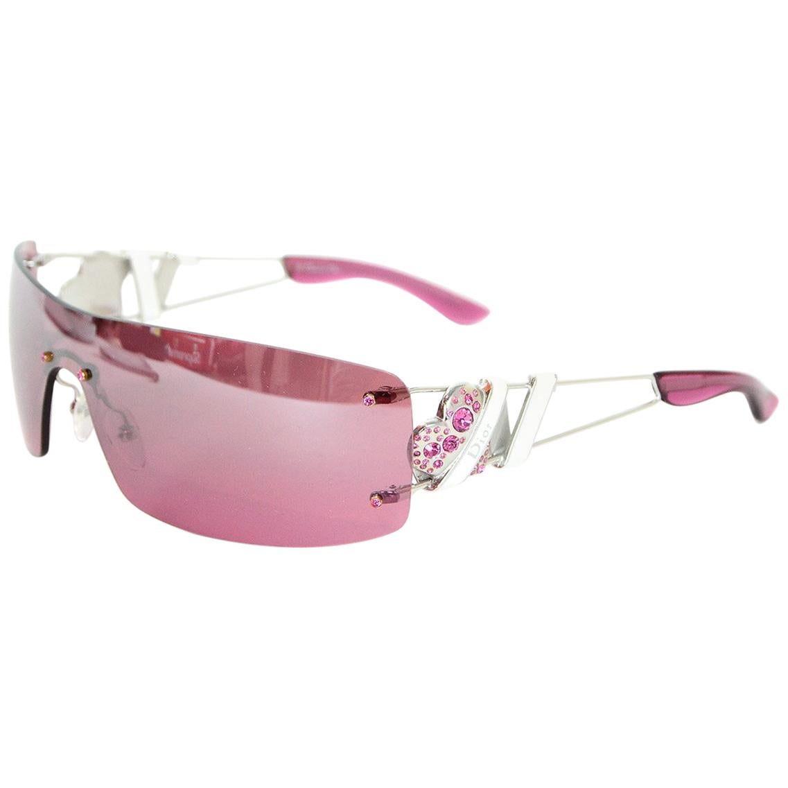 Dior Pink Heart Core Rimless Shield Sunglasses W/ Rhinestone Logo Arm
