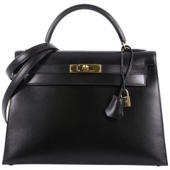 Hermes Kelly Handbag Black Box Calf with Gold Hardware 32,