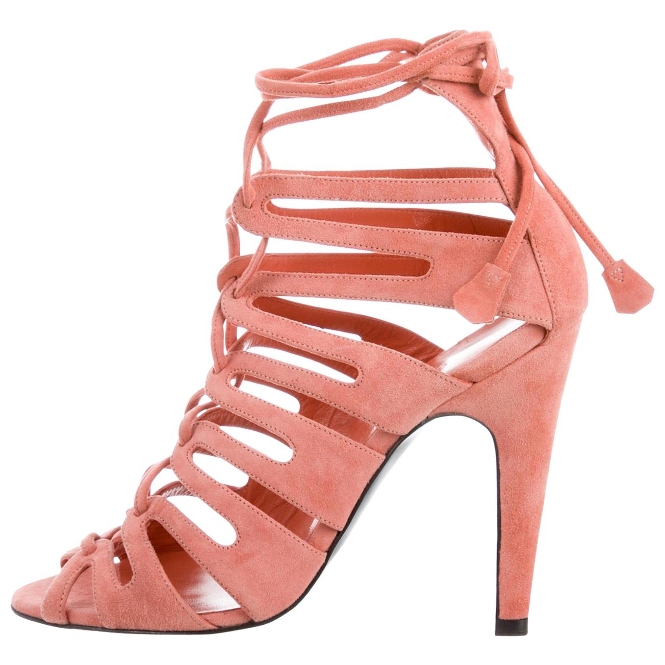 Hermes NEW Pink Suede Lace Tie Up Gladiator Evening Heels Sandals 