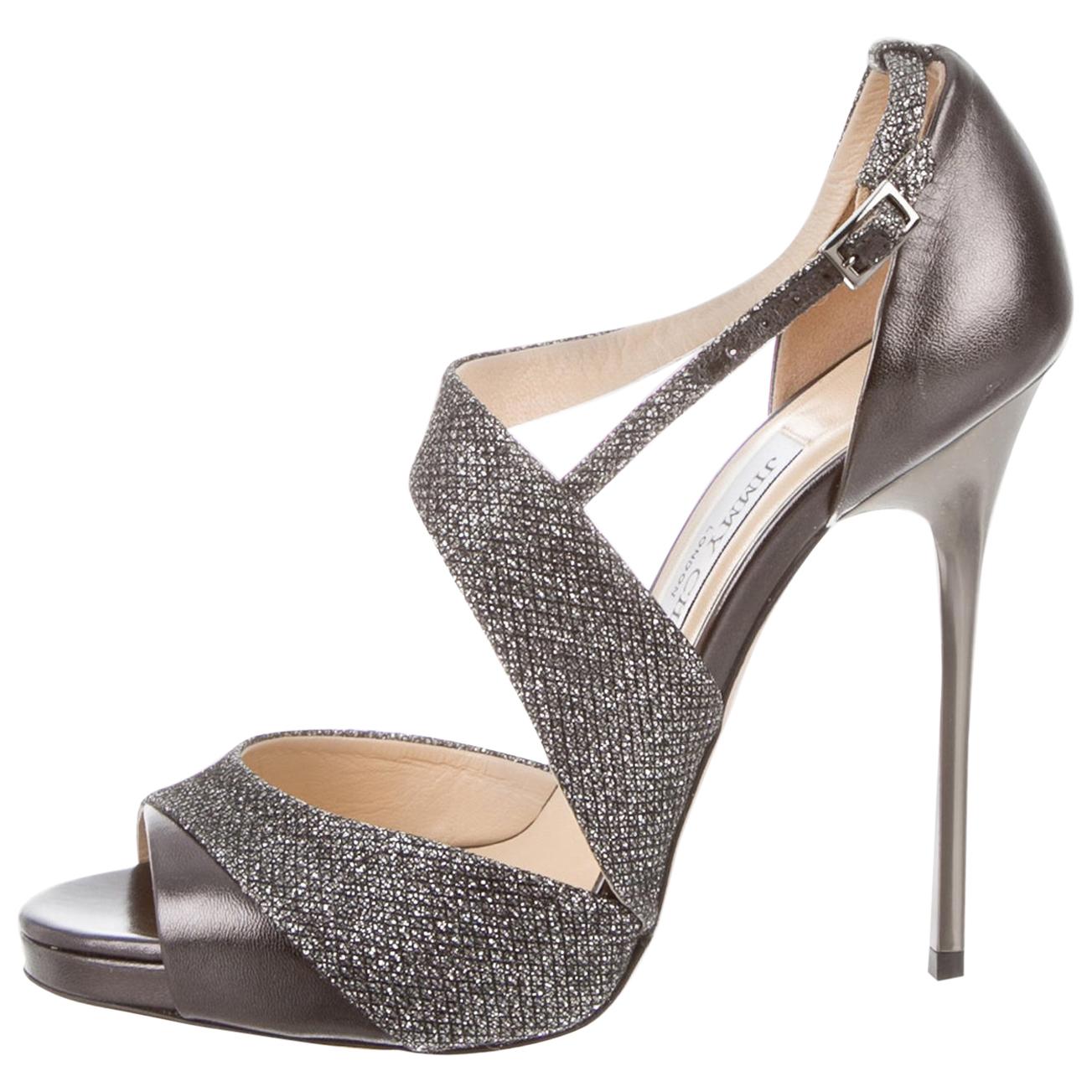 Jimmy Choo NEW Silver Leather Glitter Strappy Evening Sandals Heels in Box